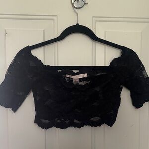 Victoria's Secret Black Lace Off-Shoulder Crop Top with Scalloped Hem sz S